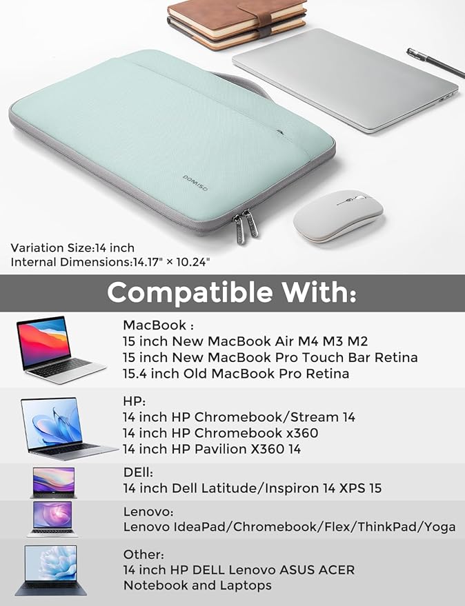DOMISO 14 inch Laptop Case Sleeve Protective Cover Compatible with 15 inch MacBook Air M4 M3 M2,MacBook Pro,14-15 inch HP Dell ASUS Lenovo Chromebook,Waterproof Computer Cases Bag,Mint Green