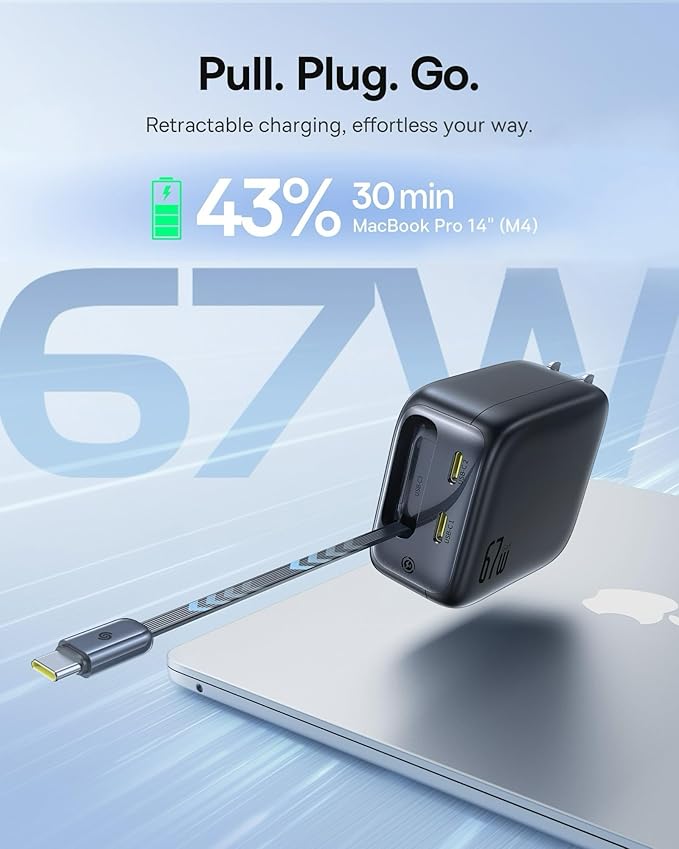 Baseus Portable Charger with Built in Cable, 100W Laptop Power Bank 20000mAh Bundle with Enercore CJ11 Retractable USB C Charger, 67W 3 in 1 Fast Charging Block with Foldable Plug