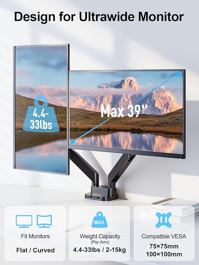 Dual Monitor Mount Fits Max 39" Computer Screen, Hold 4.4-33 lbs Each Ultrawide Desk Mount, Adjustable Gas Spring Double Monitor Arm, Monitor Stand for 2 Monitors with USB, VESA