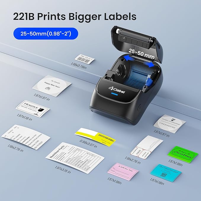 CLABEL Label Maker Machine with Tape, 221B Thermal Bluetooth Label Printer 2 Inch Portable Barcode Inkless Sticker for Small Business, Retail Office,Office, Home, Came with 1 Roll Label (Black)