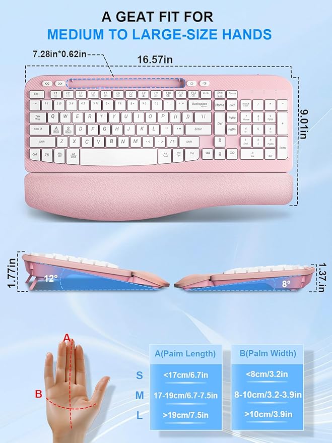 Wireless Keyboard and Mouse Combo, Wave Keys Computer Ergonomic Keyboard with Cushioned Plam Rest, Phone Holder, 2.4GHz Silent 6 Button Wireless Mouse Set for Laptop, PC, Windows, Mac (Pink)