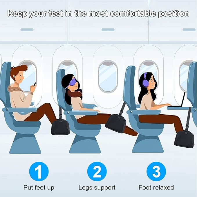 Airplane Foot Hammock, Plane Footrest Widen Airplane Footrest Long Flight Hammock Memory Foam Travel Plane Foot Sling Under Desk at Work Gaming Travel Essentials, Black