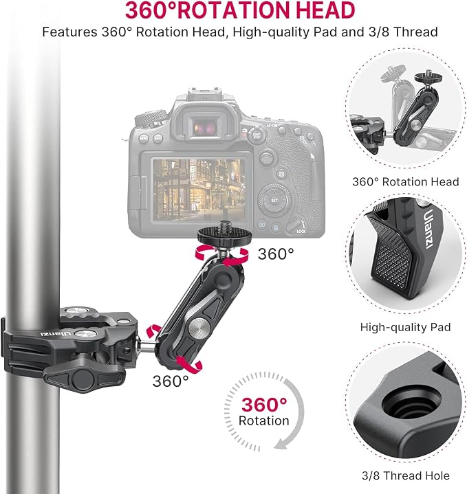 ULANZI Super Clamp Camera Clamp Mount Monitor 360° Ballhead Magic Arm Double Ball Head Adapter with 1/4"-20 & 3/8"-16 Thread for Canon Nikon DSLR Camera/Gopro/LED Lights/Ronin-M/Ronin MX/Freefly MOVI - Image 5