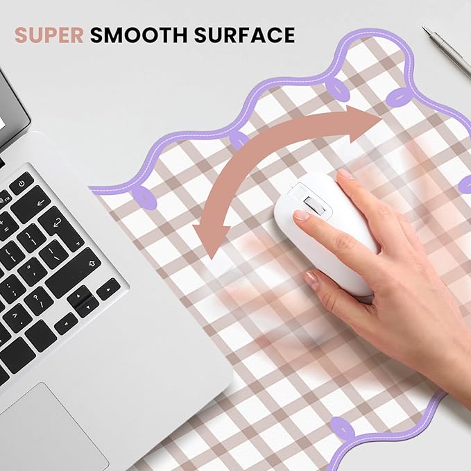 Leather Desk Pad, Desk Mat Mouse Pad, Non-Slip Mousepad Waterproof PU Table Blotter for Computer Laptop Extra Large Keyboard Mat for Women Girl Office Home Dorm, Purple Scalloped + Apricot Checkered