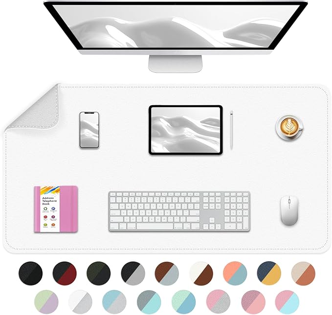 Bleswin Multifunctional Large Desk Mat, Double Sided Computer Desk pad, Extended Mouse Mat, Office Desk Protector with Waterproof PU Leather, 35.4''×16.9'', Office Home Writing Pad (White+Slivery)