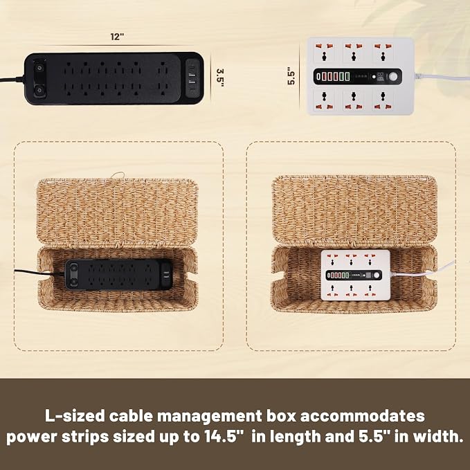 BROWNLILY Cable Management Box, Rattan Style Cord Organizer for Desk Cord Hider Outlet Covers Baby Proofing for Power Strip TV PC Router Charger Under Desk Storage with Lockable Lid and Cable Ties - Image 4