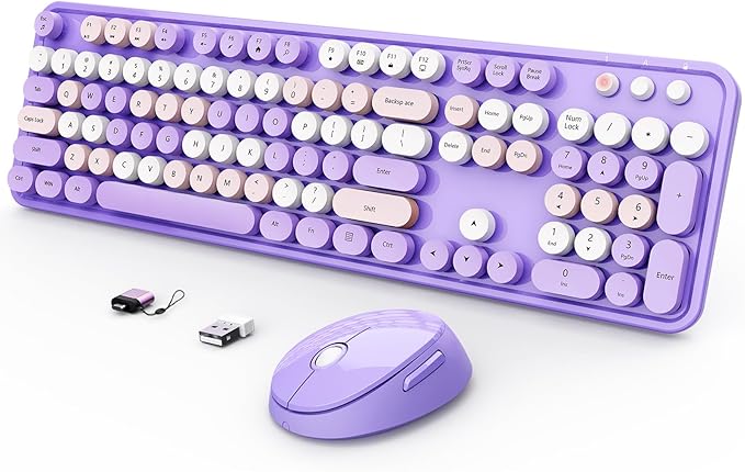 Wireless Keyboard and Mouse Combo, Ergonomic Full Size Typewriter Retro Round Keycaps Keyboard, Compatible with Windows, PC, Perfer for Home and Office Keyboards (Purple