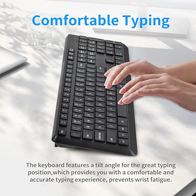 HUO JI Silent Wireless Keyboard and Mouse Combo, 2.4G Full-Size Thin Computer Keyboard Set, Quiet and Soft Ergonomic Wireless Keyboard Mouse for Windows, Laptop/PC/PS/Mac Desktop, Black