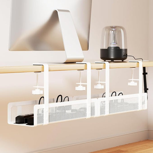 [Upgraded] 2 Pack Cable Management Under Desk Tray, Xpatee 27.6" No Drill Open Slots Cable Management Tray, Cord Wire Organizer Box with Clamp for Table Thickness up to 3" - No Desk Damage(White) by Xpatee