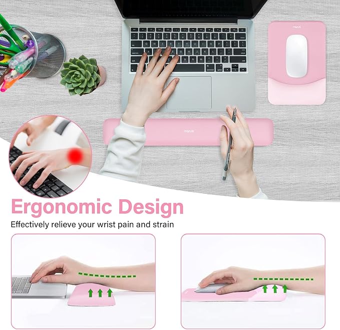 MOSISO Wrist Rest Support for Mouse Pad&Keyboard Set, Rectangular Ergonomic Mousepad Non-Slip Base Home/Office Pain Relief&Easy Typing Pad with Neoprene Cloth&Raised Silicone Lining, Pink