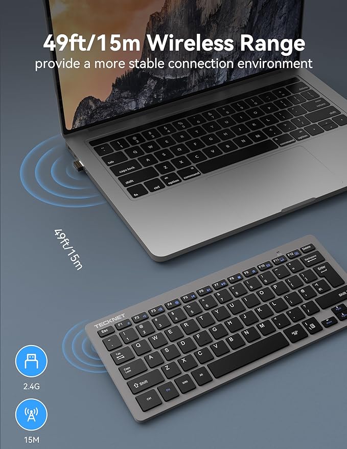 TECKNET 2.4G Wireless Keyboard, Small Wireless Keyboard with Media Hotkeys, Mini Keyboard Compact Wireless Keyboard, 12-Month Battery Life, Compatible with PC, Desktop, Laptop, Smart TV - Grey