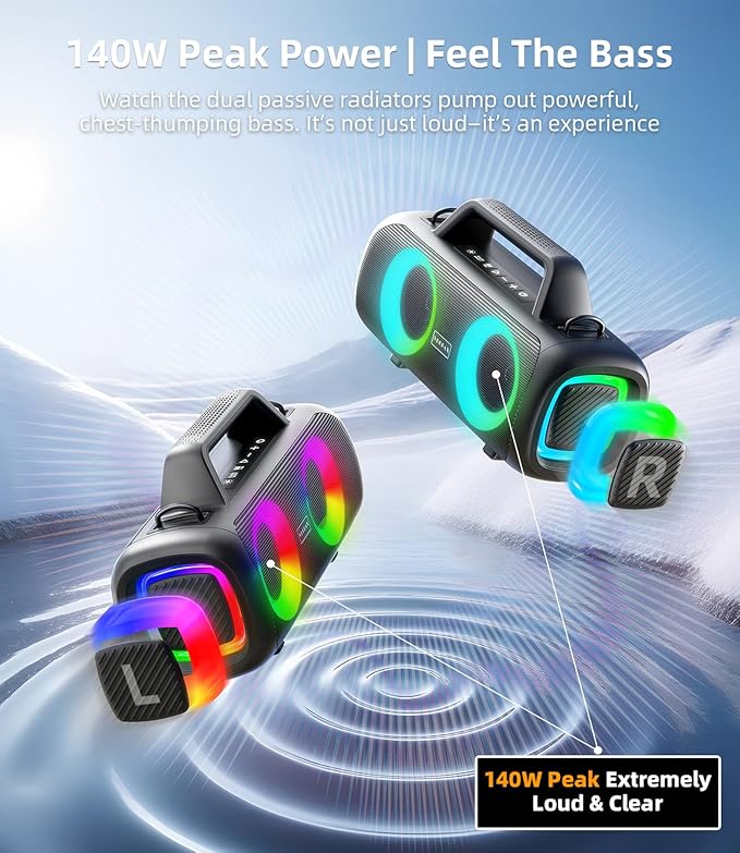Portable Bluetooth Speaker 140W, Loud Wireless Speaker with 2 Subwoofers & Bass Boost, IP65 Waterproof Outdoor, 12000mAh Battery 24H Playtime, RGB Lights, TF/AUX/Mic Input for Home, Party, Outdoor