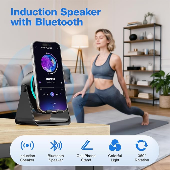 TARKARI Wireless Induction Speaker, 5 in 1 Bluetooth Speaker, 360° Rotation Cell Phone Stand with Ambient Light Compatible with iPhone iPad Android Tablet, Birthday Gifts for Women Men Him