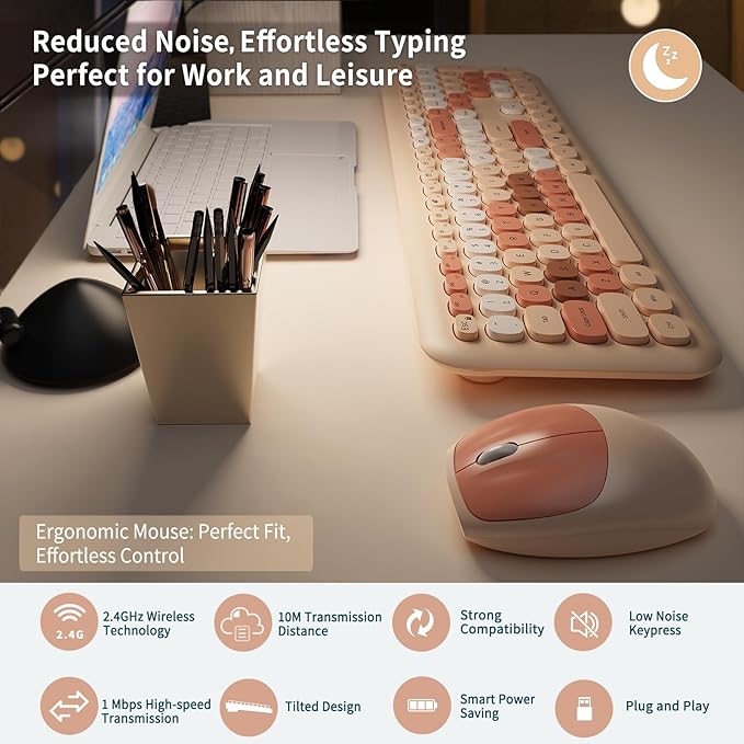 Wireless Keyboard and Mouse Combo, Retro Typewriter Keyboard with Round Keycaps, Full-Size Ergonomic, Brown, Ideal for Windows PC, Home, Office, and College, Wireless Keyboard Mouse Combo