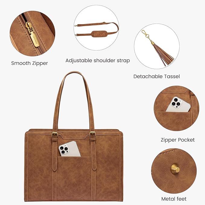 LOVEVOOK Laptop Bag for Women Vintage Leather Work Tote 17.3 inch Large Capacity Computer bag with Clutch Purse for Office, Travel, Casual