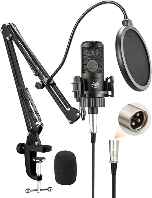 XLR Podcast Microphone, Professional Cardioid Studio Condenser Microphone XLR with 26mm Large Diaphragm for Recording, Streaming, Gaming, ASMR, Computer PC Mic Kit with Boom Arm, Pop Filter