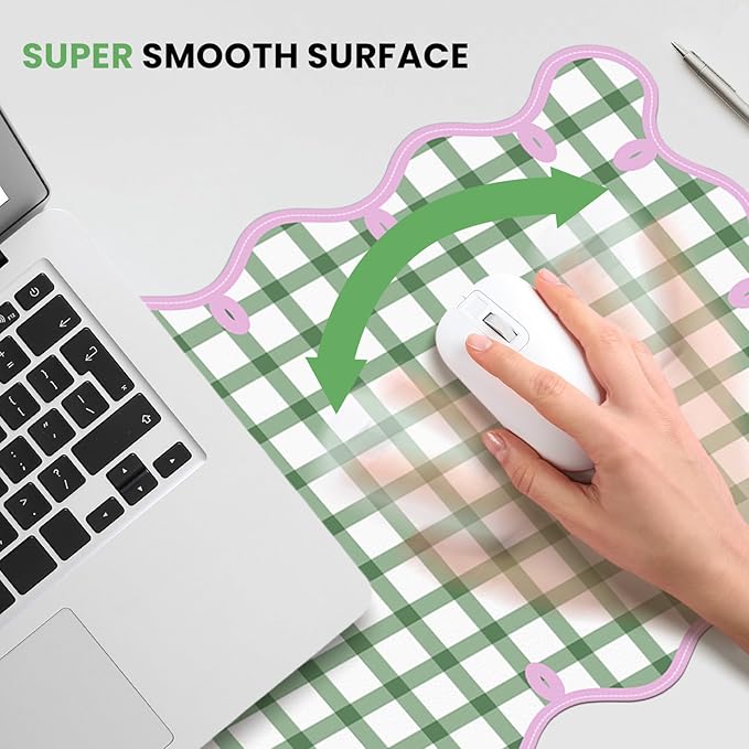 Leather Desk Pad, Desk Mat Mouse Pad, Non-Slip Mousepad Waterproof PU Table Blotter for Computer Laptop Extra Large Keyboard Mat for Women Girl Office Home Dorm, Pink Scalloped +Dark Green Checkered