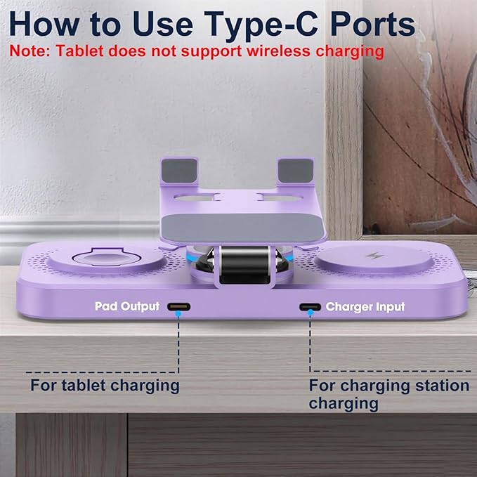 30W Charging Station for Apple Products, Foldable Wireless Charger with Clock Display&7 Color Light, Wired Charging for iPad/Tablet Charging Station for iPhone17, for Apple Watch11 for AirPods4(Purple