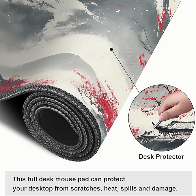 Mouse Pad, Large Anti-Slip with Stitched Edges Desk Mat Desktop Laptop Computer Desk Keyboard Mat,Table Protector Blotter Mat (Plum Blossom, 35.4" x 15.7")