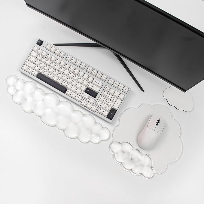 Clear Cloud Wrist Rest and Gel Mouse Pad for Keyboard and Mouse - 3 in 1 Ergonomic Gel Wrist Rest Support Set, Cute Office Accessories for Easy Typing/Computer/Latop/Home/Office