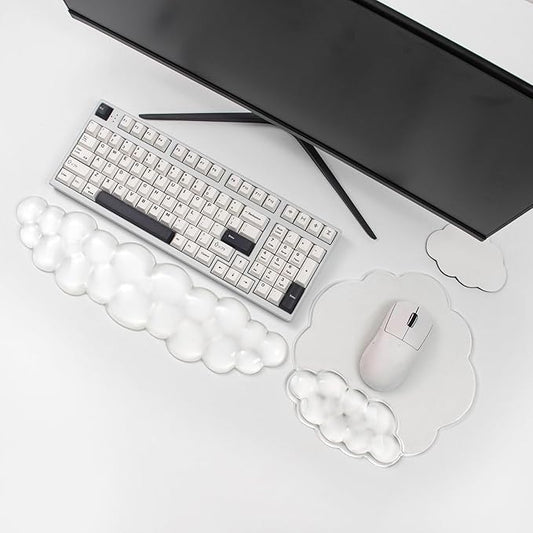 Clear Cloud Wrist Rest and Gel Mouse Pad for Keyboard and Mouse - 3 in 1 Ergonomic Gel Wrist Rest Support Set, Cute Office Accessories for Easy Typing/Computer/Latop/Home/Office