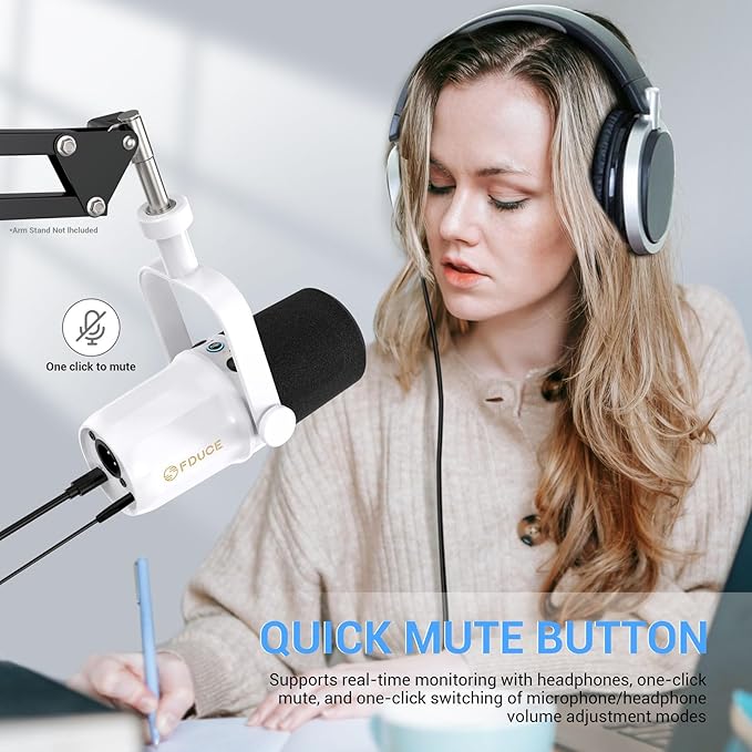 FDUCE SL40 Dynamic Microphone for Podcasting, Gaming, Live Streaming and Recording, Built-in Headphone Output, LED Mute Button, All-Metal USB/XLR, Voice Isolation Technology (White)