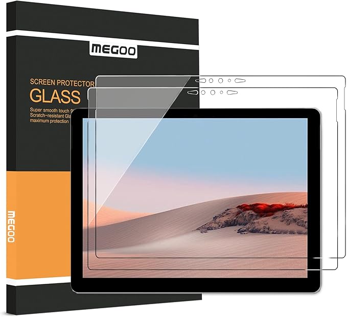 Megoo Screen Protector (2 Pack) for Microsoft Surface Go 4/3/2/1, 9H Tempered Glass, Anti-Drop, Hydrophobic, Oleophobic, 24.1 x 17.1 cm, 10.5 inch, 2 Pieces