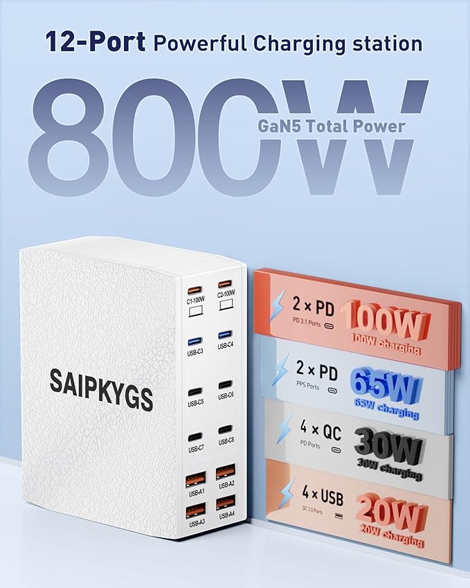 USB Charging Station (800W),12-Port USB C Charger Block with Dual 100W PD USB-C Fast Charging Station Hub for MacBook Pro/Air/All iPad Phone 17/16 15/14/13/Pro Max/Samsung Galaxy Note(White)