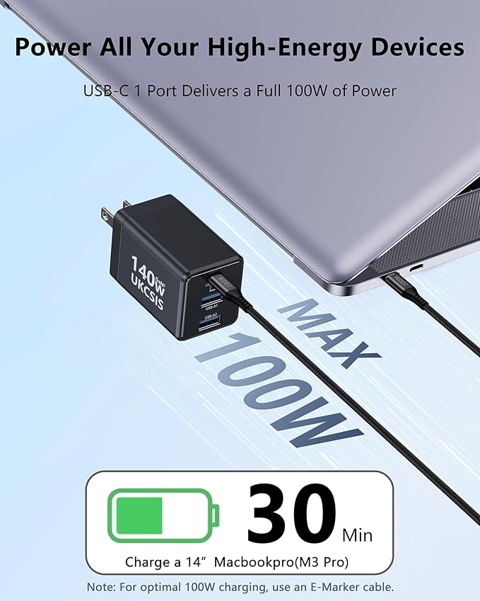140W USB C Charger Block, Foldable 3-Port GaN Fast Charger, Type C Charging Block, Laptop Fast Charging Adapter for MacBook Pro/Air, iPad, iPhone, Samsung Galaxy (Grey)