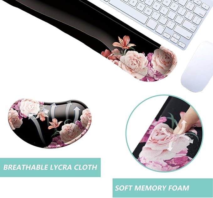 Keyboard Wrist Rest Mouse Wrist Support Set, Memory Foam Wrist Rest Pad for Computer Laptop Keyboard Mouse, Ergonomic Wrist Cushion Support for Typing Pain Relief, Gaming Home Office, Flowers Pink