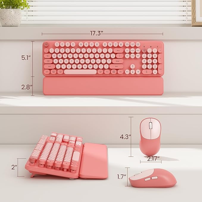 Wireless Keyboard and Mouse Combo, Typewriter Keyboard with Magnetic Wrist Rest, Full-Size Cute Round Keycaps, Sleep Mode, 2.4G Keyboards for Mac/Windows/PC, Office or Home, Trueque CK23Pro