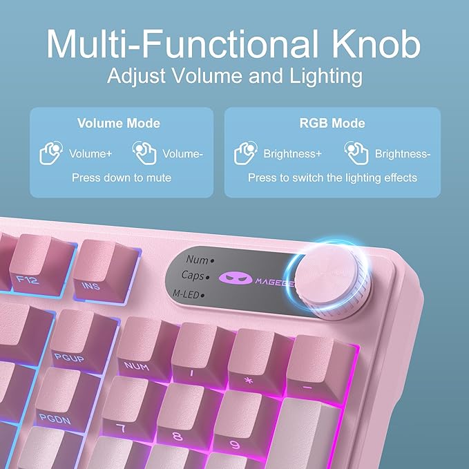 MageGee GK960 Wireless Gaming Keyboard, RGB Tri-Mode Wired/BT/2.4G Creamy Keyboard with Number Pad, 4000mAh Battery, Knob Control, Side Printed Keycaps, 19-Key Anti-Ghosting for Win/Mac (Pink & White)