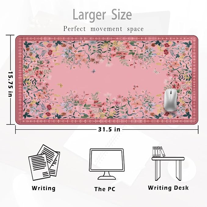 Vibrant Pink Flower Floral Large Mouse Pad 31.5x15.7inch, Aesthetic Wildflower Butterfly Botanical Big Extended Desk Mat Mousepad XL Gaming Keyboard Mat for Home Office Accessories