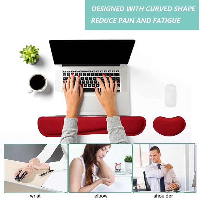 Keyboard Wrist Rest Mouse Wrist Support Set, Memory Foam Wrist Rest Pad for Computer Laptop Keyboard Mouse, Ergonomic Wrist Cushion Support for Typing Pain Relief, Gaming Home Office, Red
