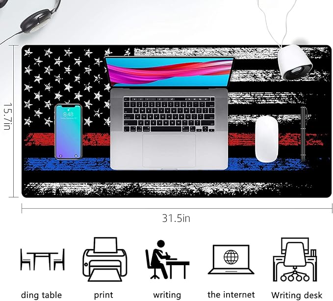 Extended Large Gaming Mouse Pad Red Blue American Flag XXL Size Keyboard Mouse Mat Desk Pad with Non Slip Rubber Base Stitched Edges Office Decor for Women Girls Men,35.4 x 15.7inch