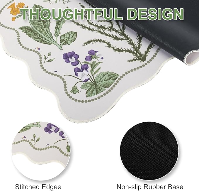 L-SPOUTTO Floral Mouse Pad,Botanical Desk Mat XXL Large Scalloped Gaming Mousepad,35.4x15.7in Non-Slip Keyboard Pad Waterproof Desktop Mat for Laptop Computer Work Game Home Office-Flowers Plants