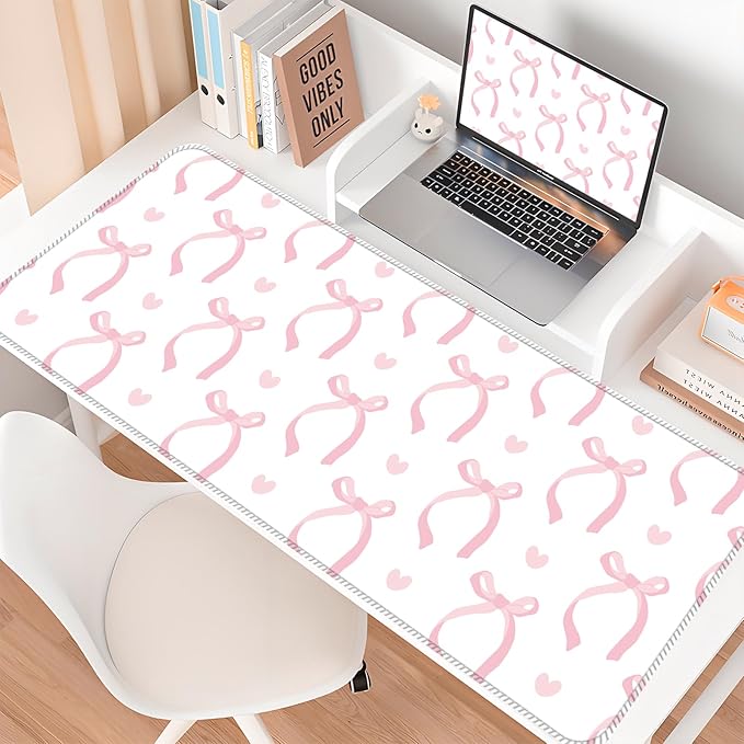Desk Mat,Big Desk Pad,31.5 x 11.5in Extended Gaming Mouse Pad,Large Mouse Pad for Desk Rubber Base Mousepad with Stitched Edges,Keyboard Mouse Mat for Work Game Office Home - Pink Bow Tie