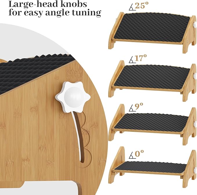Under Desk Footrest, Adjustable Foot Stool with 4 Height Positions, Bamboo Ergonomic Non-Slip Foot Rest for Improved Posture, for Home and Office