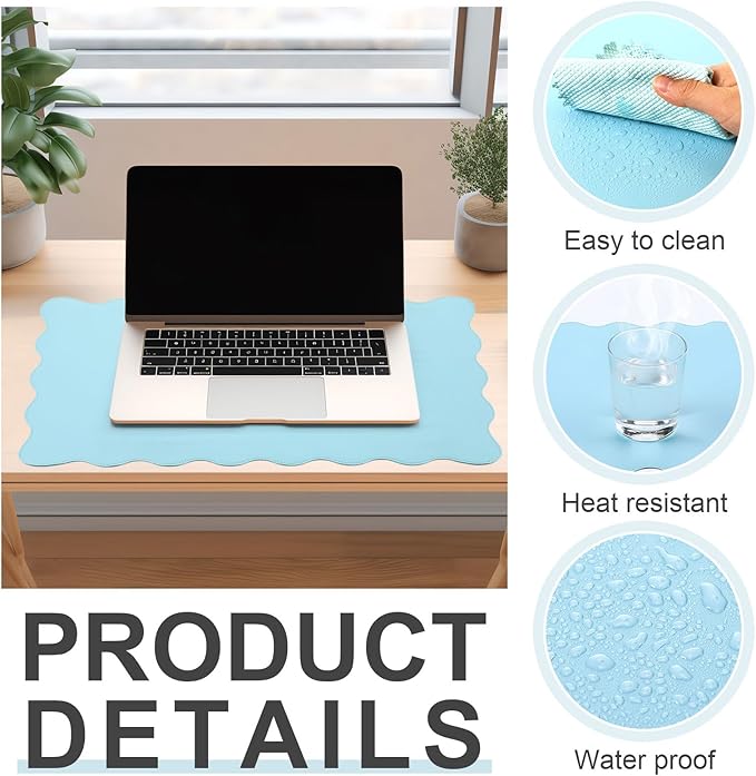 Scalloped Desk Mat Leather Desk Pad Protector Non-Slip PU Leather Table Protector Waterproof Mouse Pad Keyboard Mat Curly Mousepad PC Accessories Gift for Office Home(Light Blue)