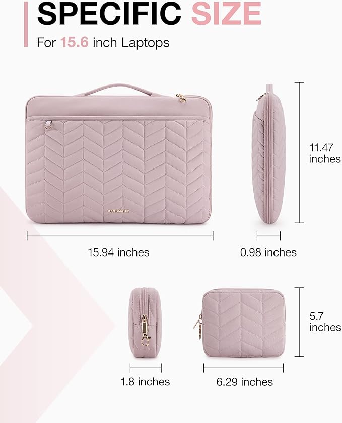BAGSMART Laptop Case with Handle, Puffy Padded Laptop Bag Sleeve for Women, Portable MacBook Air/Pro Computer Case, 15-16 inch, Pink