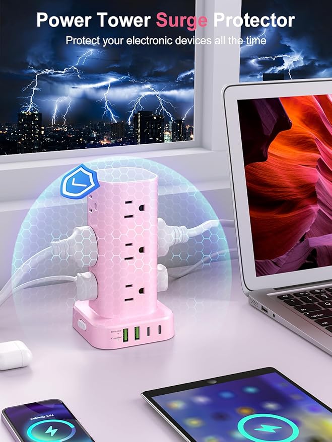 Power Strip Tower with Multiple Outlets, Flat Plug Surge Protector Tower Extension Cord with 12 AC Outlets 4 USB Ports (2 USB C), 6FT Cord Power Tower Surge Protector for Home Office Dorm Room, Pink