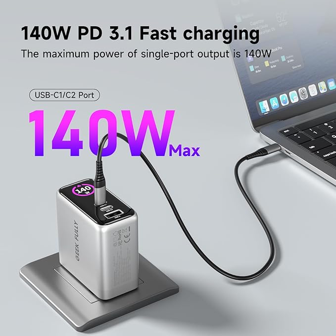 140W MAX USB C Charger | 3-Port Fast Charging Station (2xUSB-C PD3.1 + USB-A QC3.0) | Intuitive Touch Controls, for for MacBook, iPhone 17/16 Series, Samsung Galaxy, Pixel and More