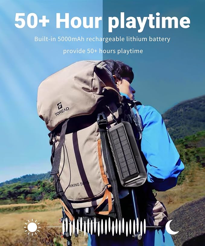 Solar Bluetooth Speaker HD Sound with 5000mAh Power Bank Function, Wireless 50H Playtime,BT5.3,TWS Pairing,IPX6 Waterproof,for Home/Outdoor/Run/Hiking/Travel/Riding/Beach/Camping/Office/Room