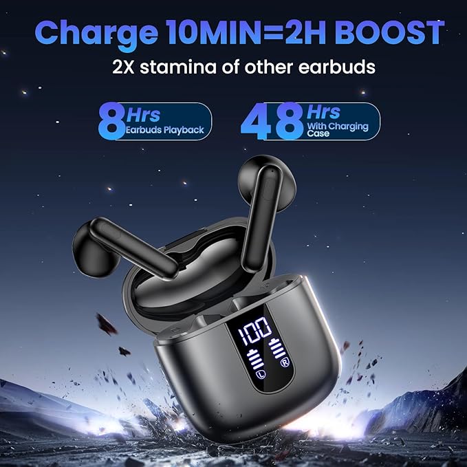 Wireless Earbuds, Bluetooth Headphones with Deep Bass Stereo, 48H Playback Ear Buds with LED Power Display, Lightweight, IPX7, in-Ear Earphones with Mic for iPhone/Android/iPad, Black