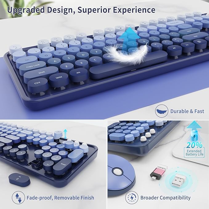 Wireless Keyboard and Mouse Combo, Retro Typewriter Keyboard with Round Keycaps, Full-Size Ergonomic, Blue, Ideal for Windows PC, Home, Office, and College, Wireless Keyboard Mouse Combo