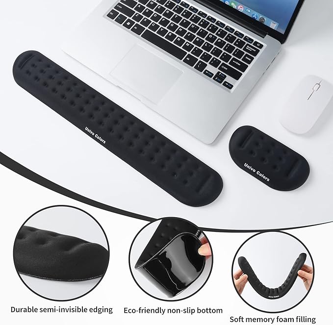 Univo Colors Black Keyboard Wrist Support and Mouse Wrist Rest Set, Made of Memory Foam Soft Gel, Ergonomic Pad for Computer, Laptop, Mouse, Office, Gaming