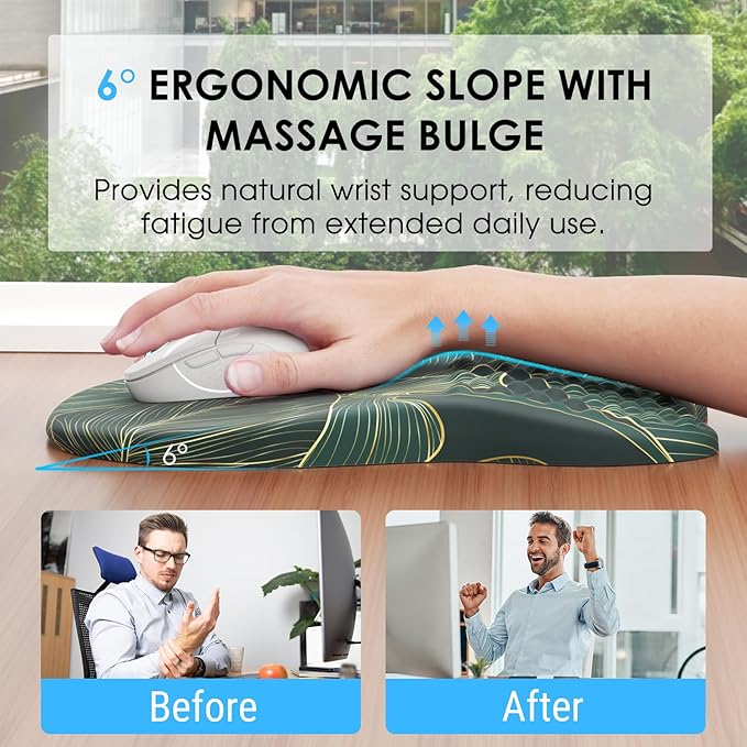 MROCO Ergonomic Mouse Pad with Wrist Support, Wrist Rest Mousepads for Carpal Tunnel Pain Relief, Memory Foam Pad with Massage Bulge and Non-Slip Base for Office, Home, Green Leaves