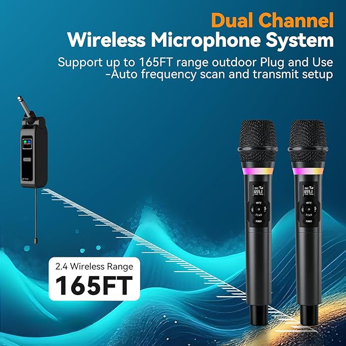 Wireless Microphone, Dual Handheld 2.4G Dynamic Mic with Rechargeable Receiver，Professional Karaoke Microphone, Dual Vocal Pickup with mute echo,treble,bass control , for Singing, Speech, PA System