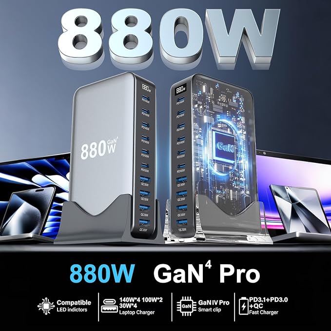 880W USB C Fast Charger Block, 10 Port USB Charging Station, GaN Ⅳ Pro 140W PD PPS Port for Multiple Devices,Laptop Wall Charger Compatible with DELL, HP, MacBook Pro,iPhone17/16 pro,Galaxy S24.