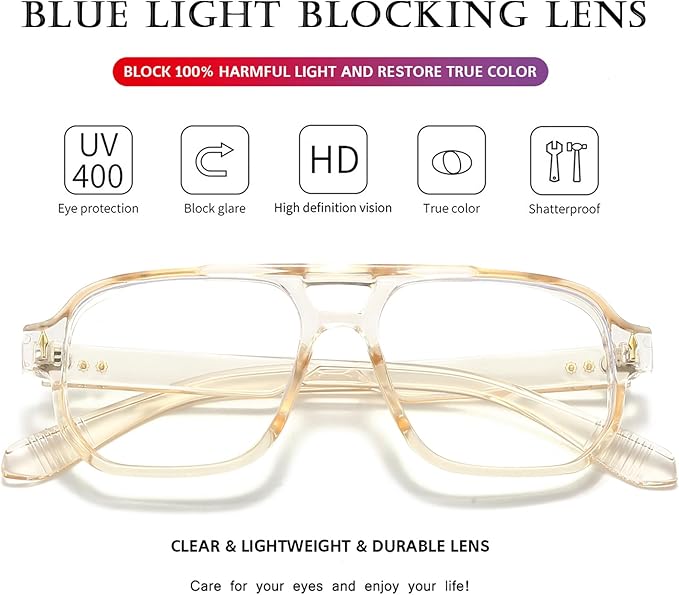 PORADAY Blue Light Blocking Glasses for Women Men 70s Retro Square Aviator Eyeglasses Rectangle Computer Eyewear